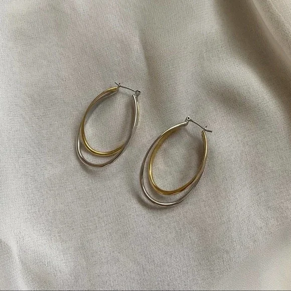 VTG Silver Gold Twist Oval Double Hoop Earrings - Picture 4 of 5
